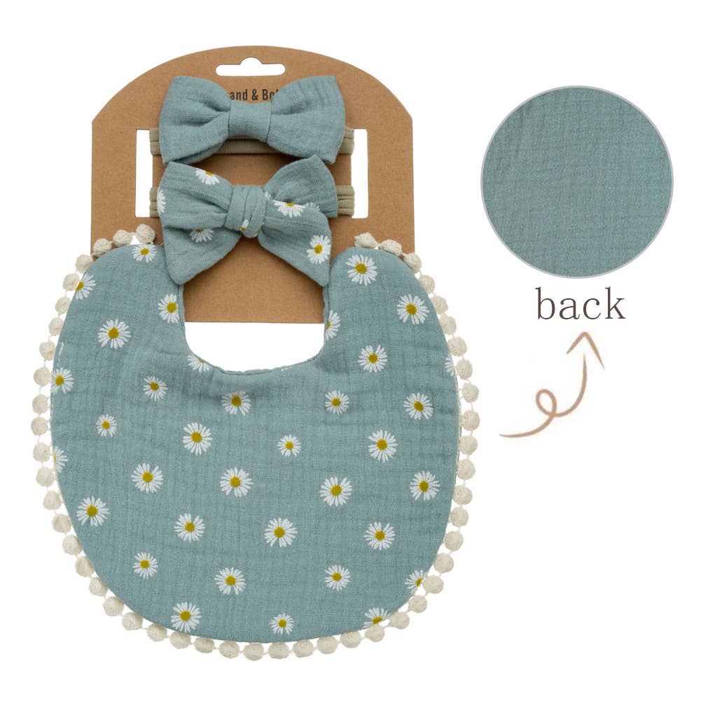 Little Trendy - Wholesale Bib - Baby - Baby Floral cotton Waterproofer Bib and Bows headband Sets8