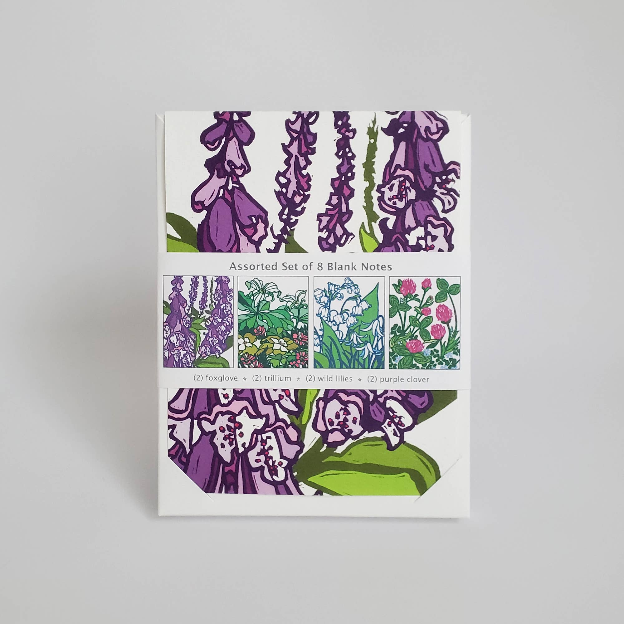 Little Green - Wholesale Stationery/Notecard Set - Assorted Spring Woodland Flower Blank Note Card Set of 8, Block Print Art Greeting Cards