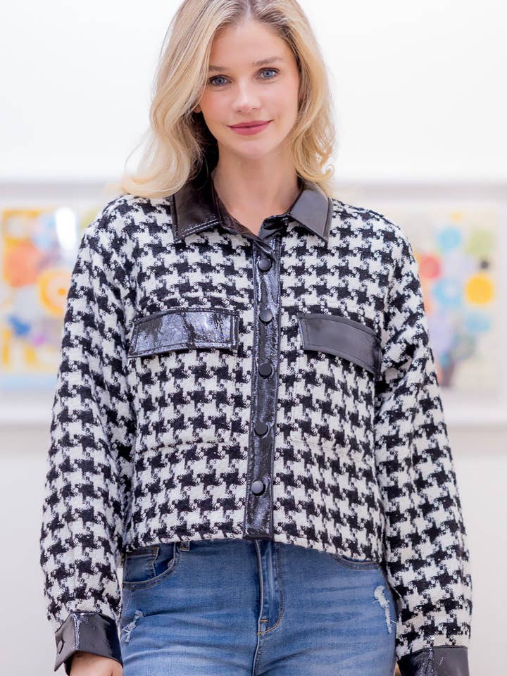 ZJ58094T Giacca in tweed pied de poule con motivo a contrasto in PU per la vendita all'ingrosso da parte di Taelynn