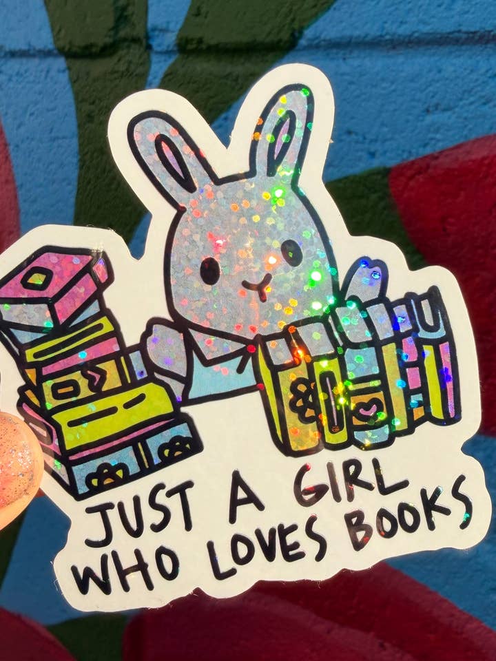 Just A Girl Who Loves Books Glitter Sticker for wholesale by Hilarious Humanitarian