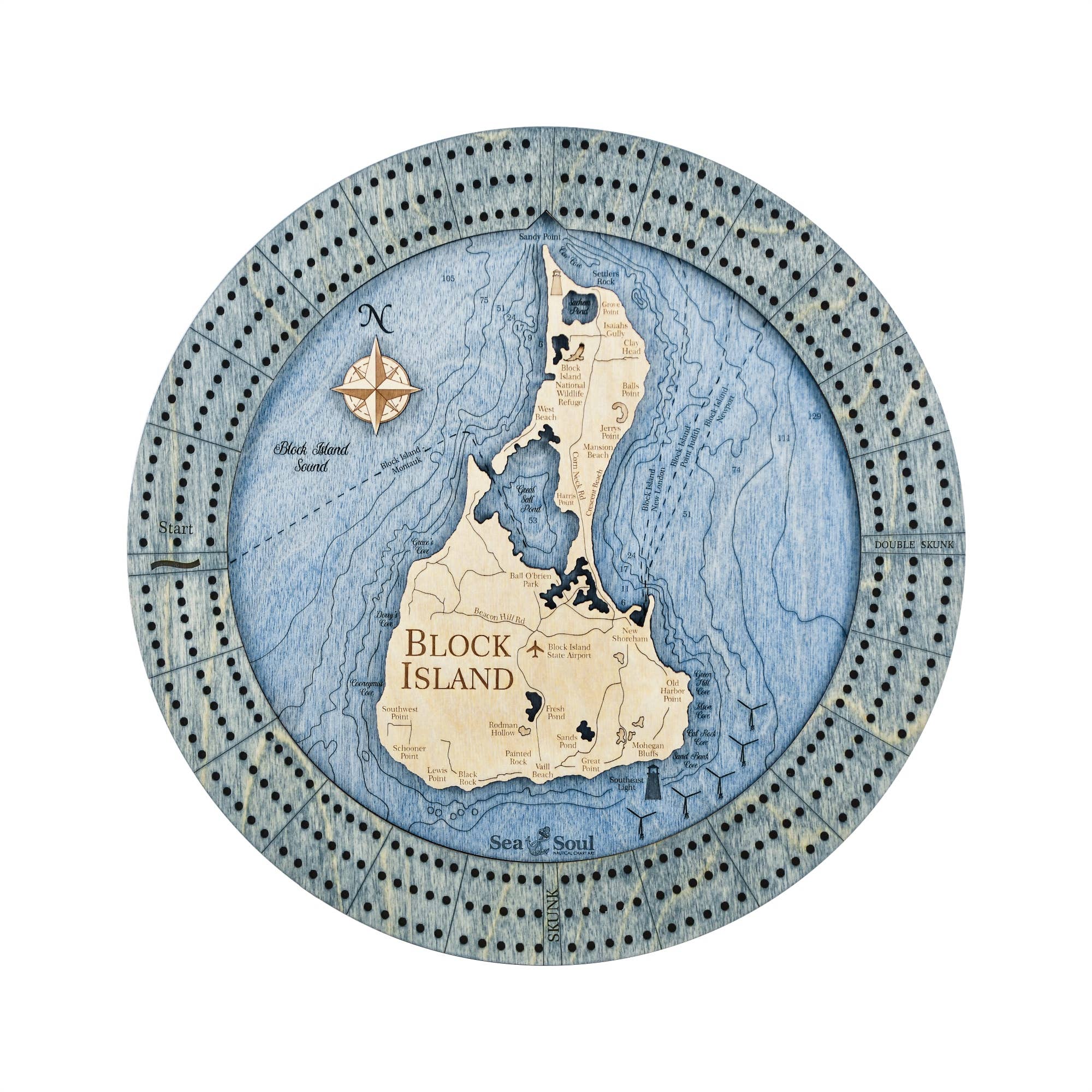 Sea & Soul Nautical Chart Art - Vente Jeux de cartes - Planche de cribbage en bois nautique personnalisée de Block Island16