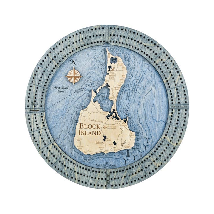 Sea & Soul Nautical Chart Art - Vente Jeux de cartes - Planche de cribbage en bois nautique personnalisée de Block Island16