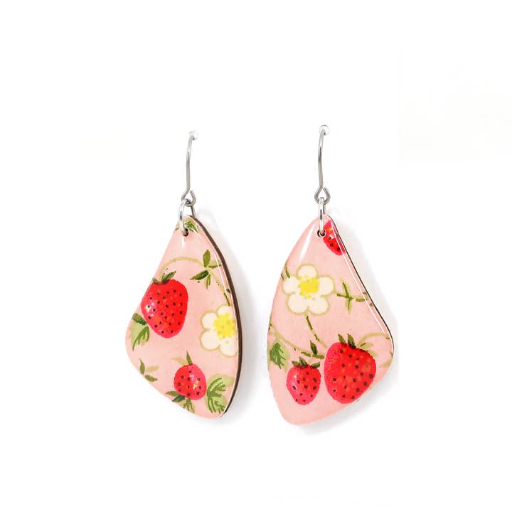 Pink strawberry titanium dangle earrings for wholesale by autumn + tree
