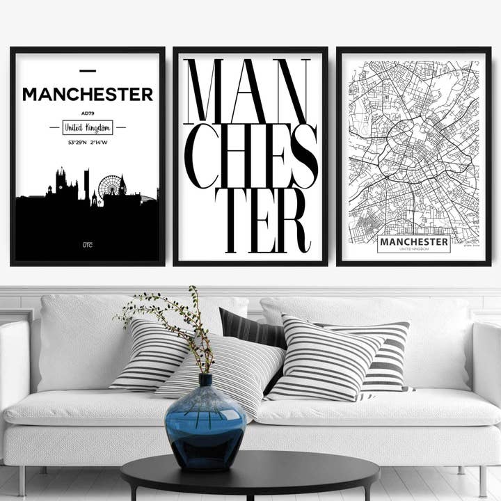 Uppsättning av 3 Manchester Skyline Street karta Stadstryck för wholesale av Artze Wall Art