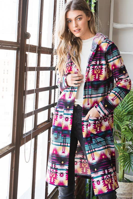 EJ6708-10 HOOD MULTI COLOR AZTEC SHACKET WITH POCKET for wholesale on Faire11