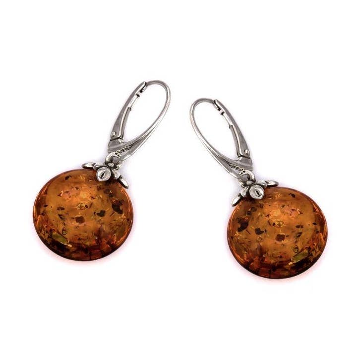 Round cognac amber pendant earrings, sterling silver for wholesale by OPALOOK France