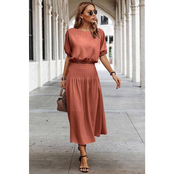 Elings - Wholesale Top & Skirt Set - Women's - Two Pieces Solid Color Loose Puff Sleeve Pleated Sets7