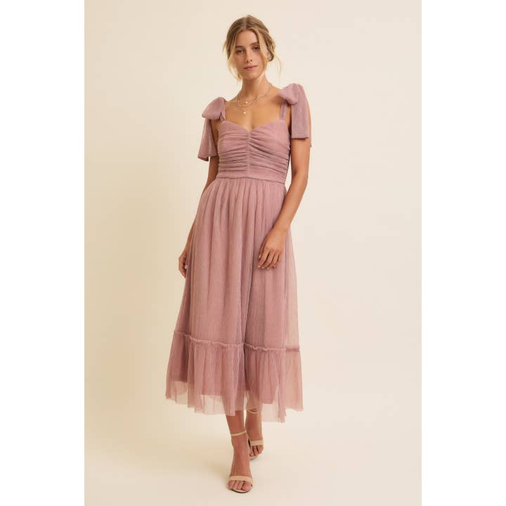 in february - Wholesale Dress - Women's - METALLIC MESH SHOULDER TIE PLEATED MIDI DRESS