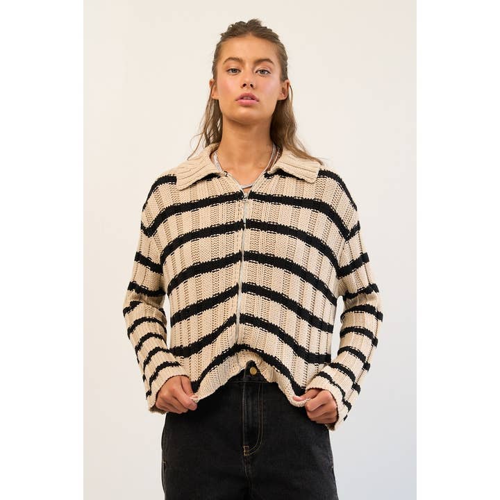 Cotton Blend Ribbed Stripe Knit Zip-Up Sweater for wholesale by The GREii