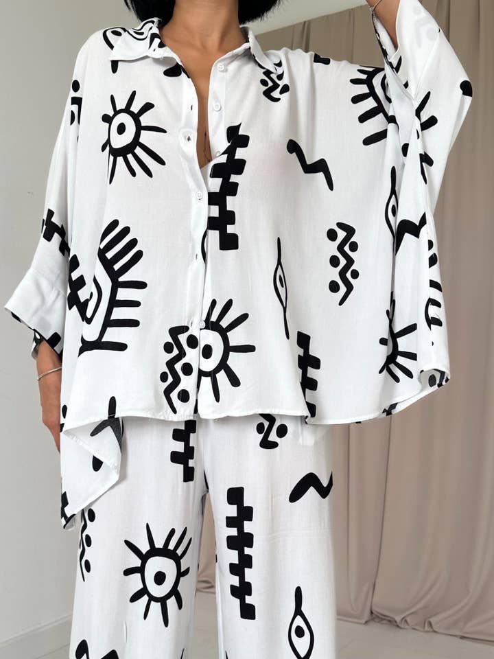 FENOMEN - Wholesale Top & Pant Set (NOT Loungewear) - Women's - Patterned Loose Shirt and Loose Pant Set