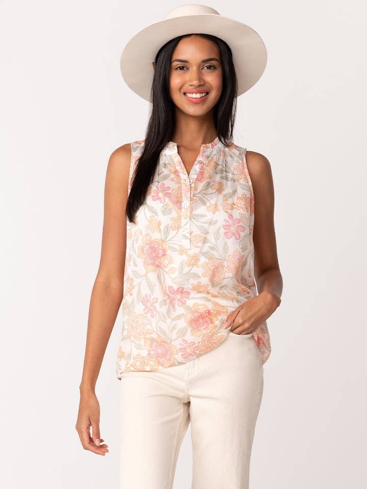 Sheer Floral Button Front Ruffle Neck Tank Top for wholesale by Lovestitch