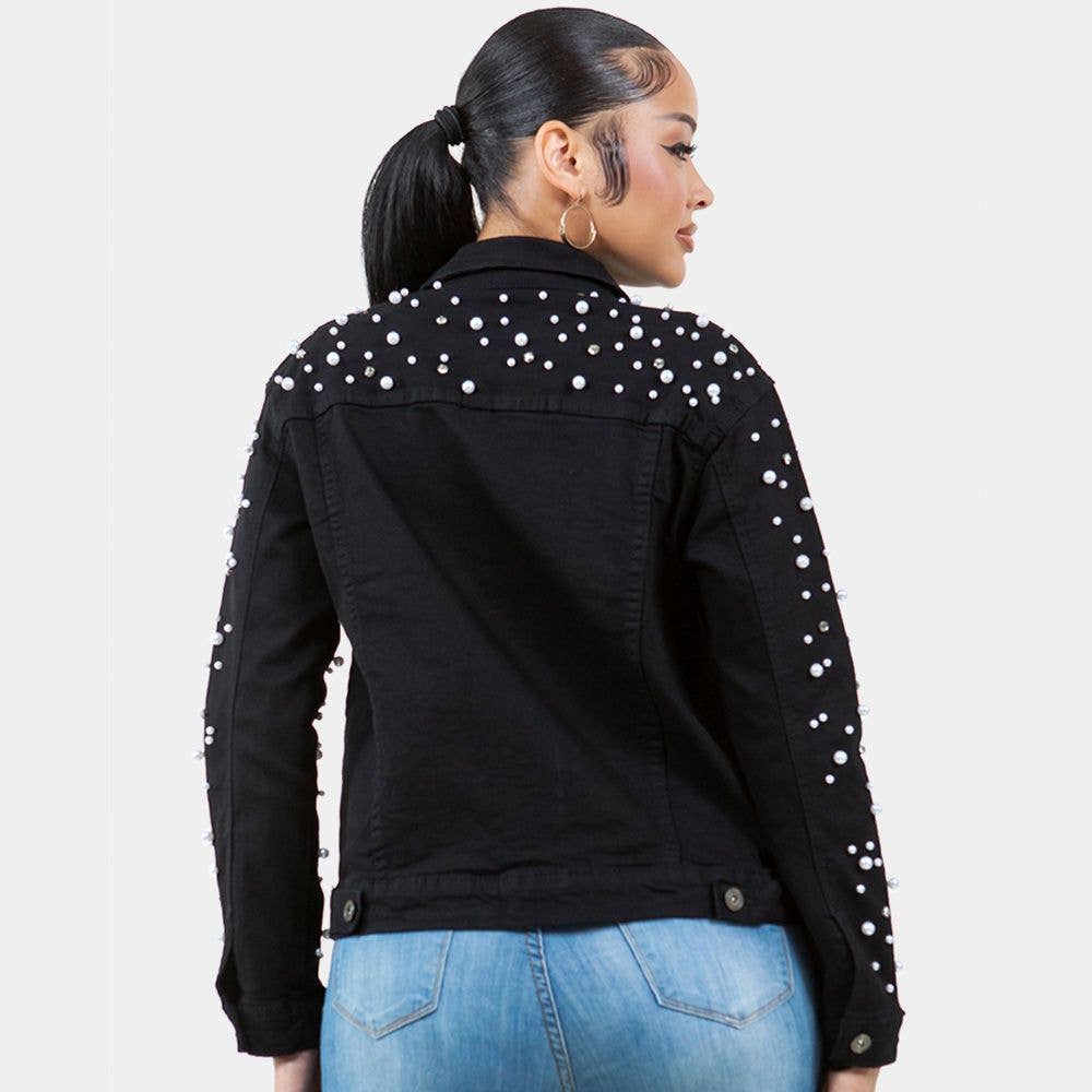 Diacly - Wholesale Denim Jacket - Women's - Radiant Pearls Rhinestone Deco Jean Jacket Black1