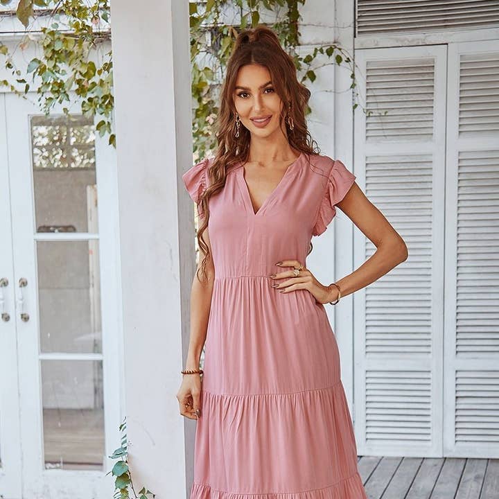 V Neck Flutter Sleeve Ruffle Hem Layered Dress for wholesale by Supreme Fashion