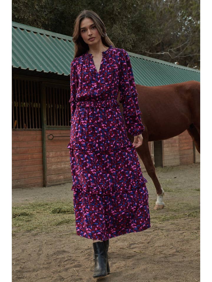 BURG PINK Turma Abstract Iveny Tiered Maxi Dress for wholesale on Faire4