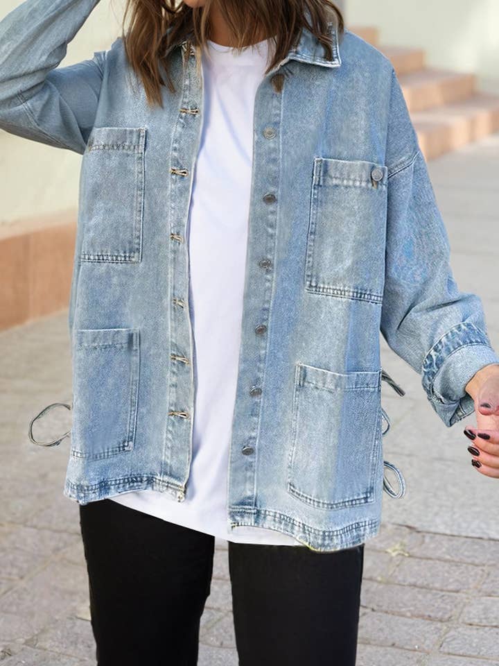 Patched Pockets Side Tie up Boyfriend Style Denim Jacket for wholesale by 1 the Woman