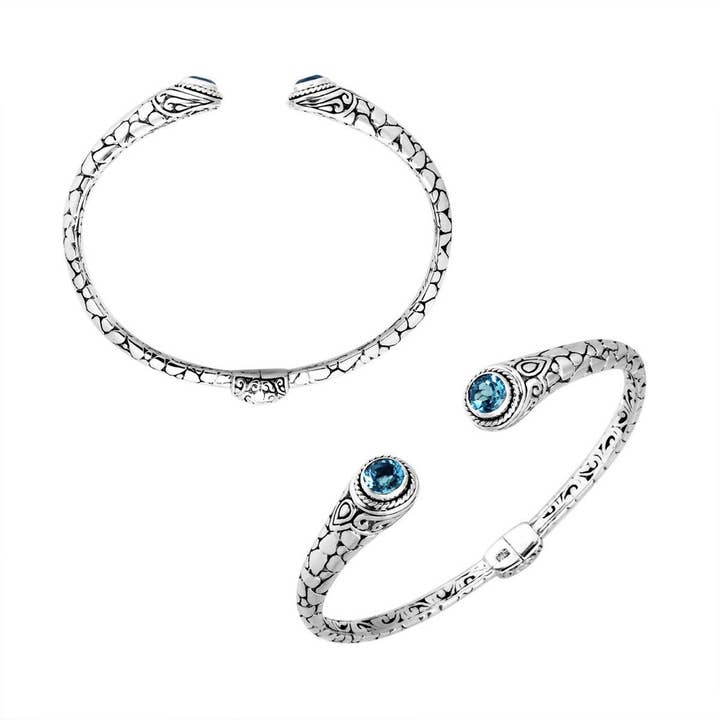 AB-9032-BT Sterling Silver Blue Topaz Quartz Bali Engraved Hinge Cuff Bracelet Designed For Premium Contemporary Artistic Wholesale Jewelry Collections for wholesale by Bali Designs