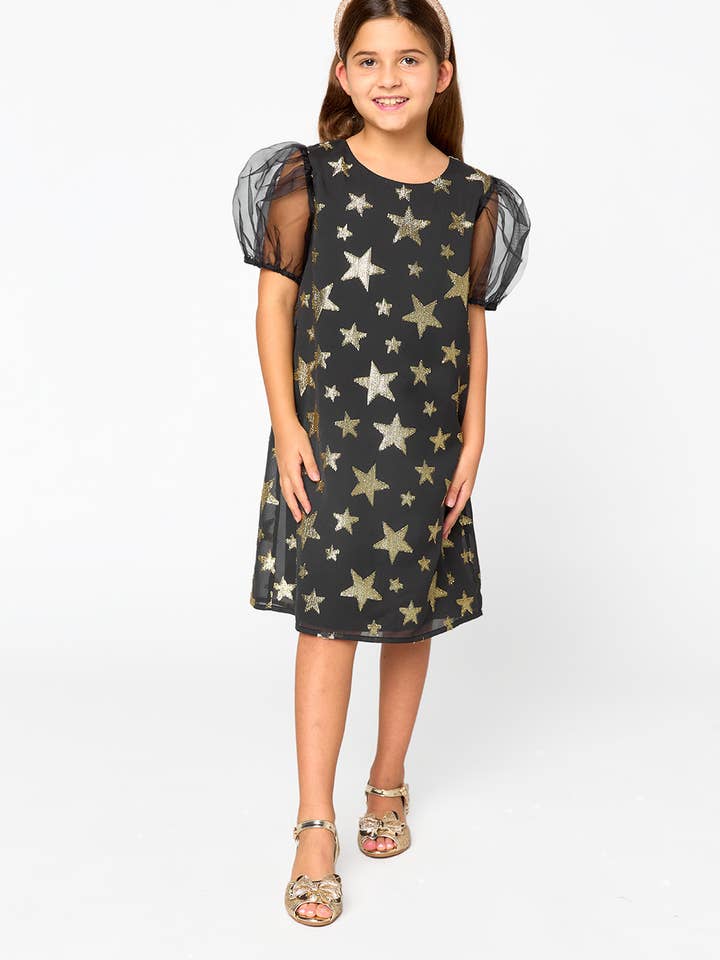 Gigi Super Nova Black And Gold Star Print Girls Dress for wholesale by BuddyLove