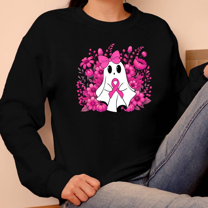 Camicia Ghost retrò per la consapevolezza del cancro al seno per la vendita all'ingrosso da parte di Jocelyn's Comfy Apparel