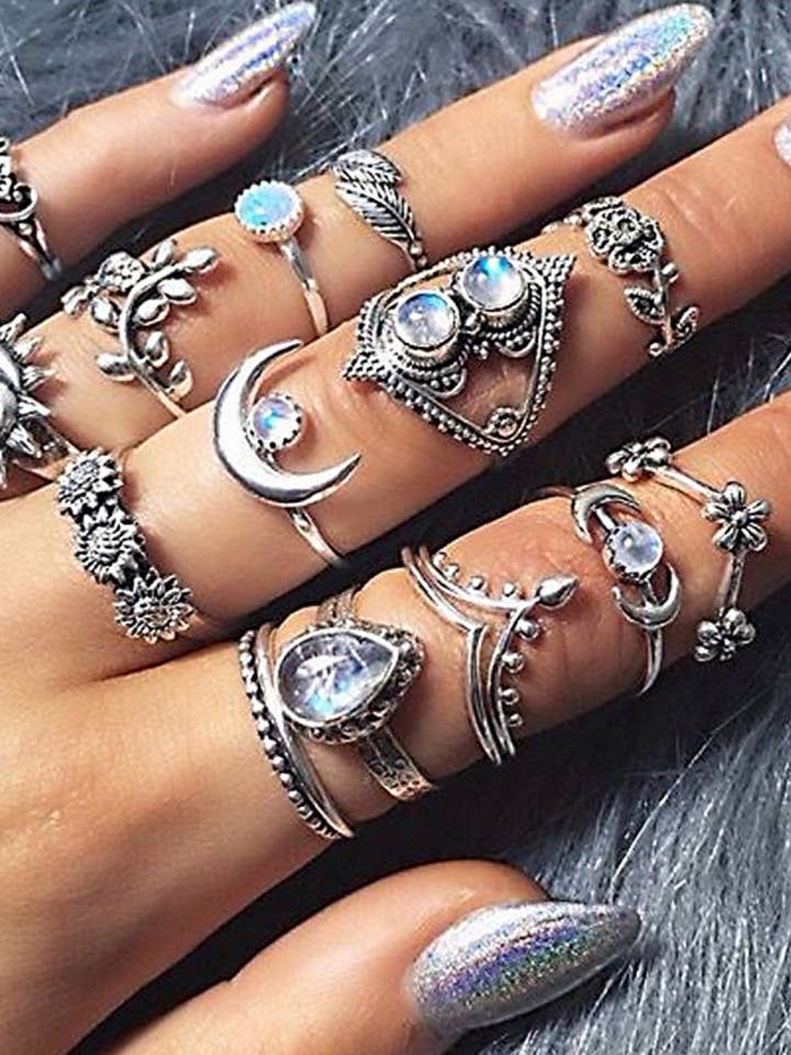 CWASC1952_WATER DROP SUNFLOWER MOON SUN HOLLOW RING SET for wholesale by NINEXIS