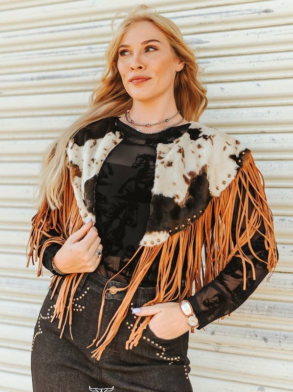Chal de Piel de Vaca Marrón con Flecos Tachonados en el Dobladillo para venta al por mayor de LUCKY & BLESSED
