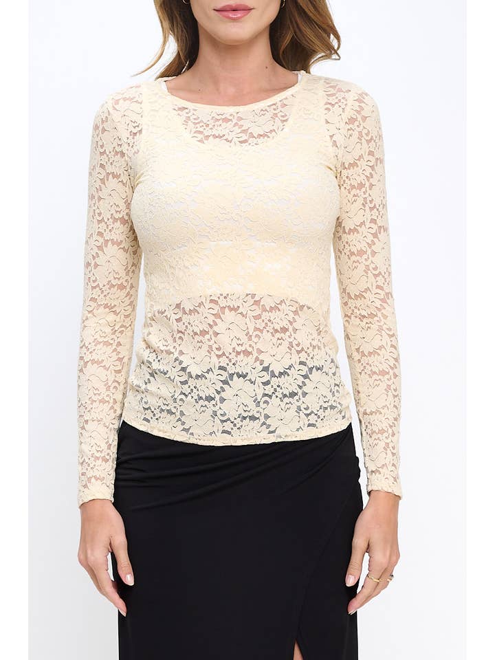 Lemon Made in USA Lace Mesh Round neck Long Sleeve Top for wholesale on Faire1