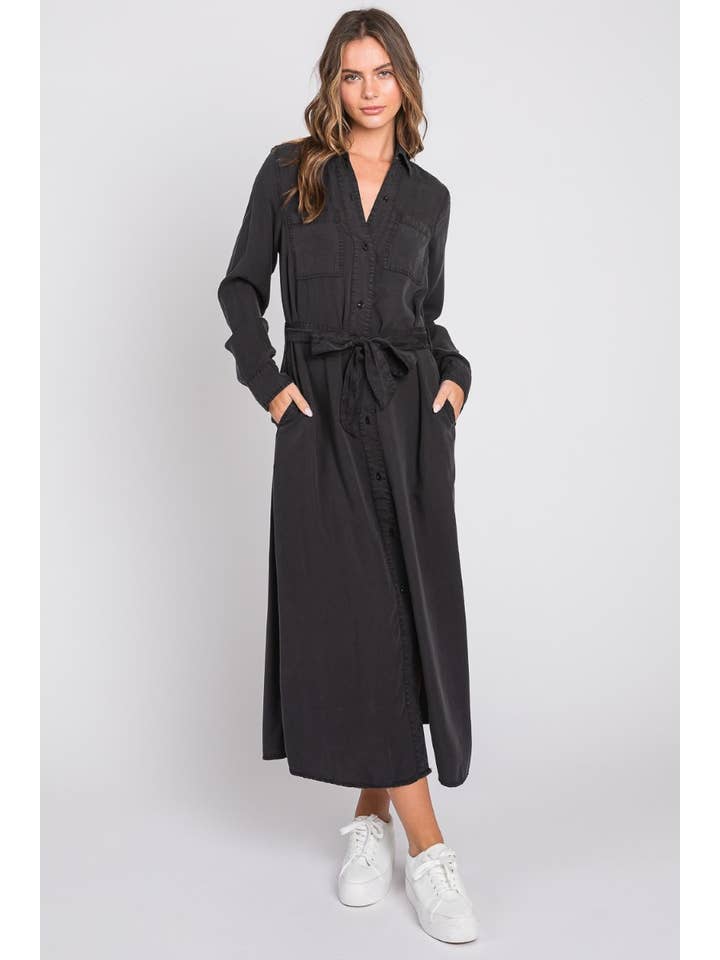 BLACK Denim Midi Shirt Dress-Black for wholesale on Faire