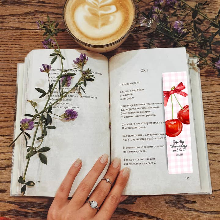 Plaid rose avec cerise rouge Ezra 10:4 -Marque-page chrétien pour la vente par 726 Market