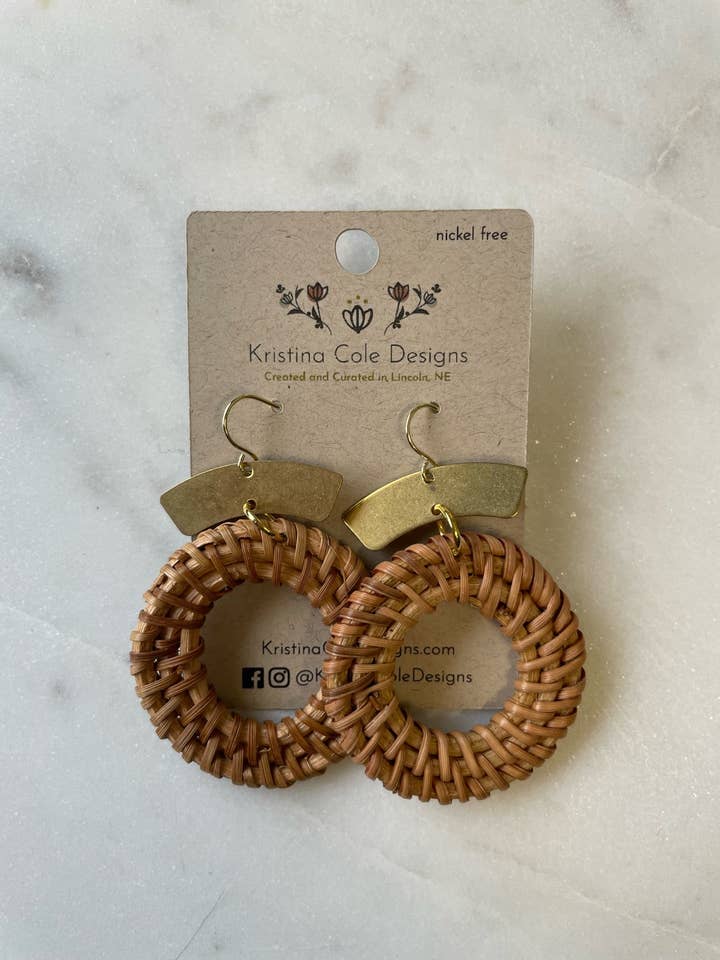 Gold Arch Earrings with small Wicker Circles for wholesale by Kristina Cole Designs