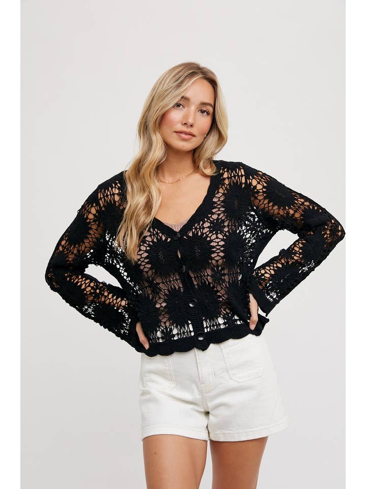 Bluivy - Wholesale Cardigan - Women's - SHEER CROCHET BUTTON DOWN CARDIGAN