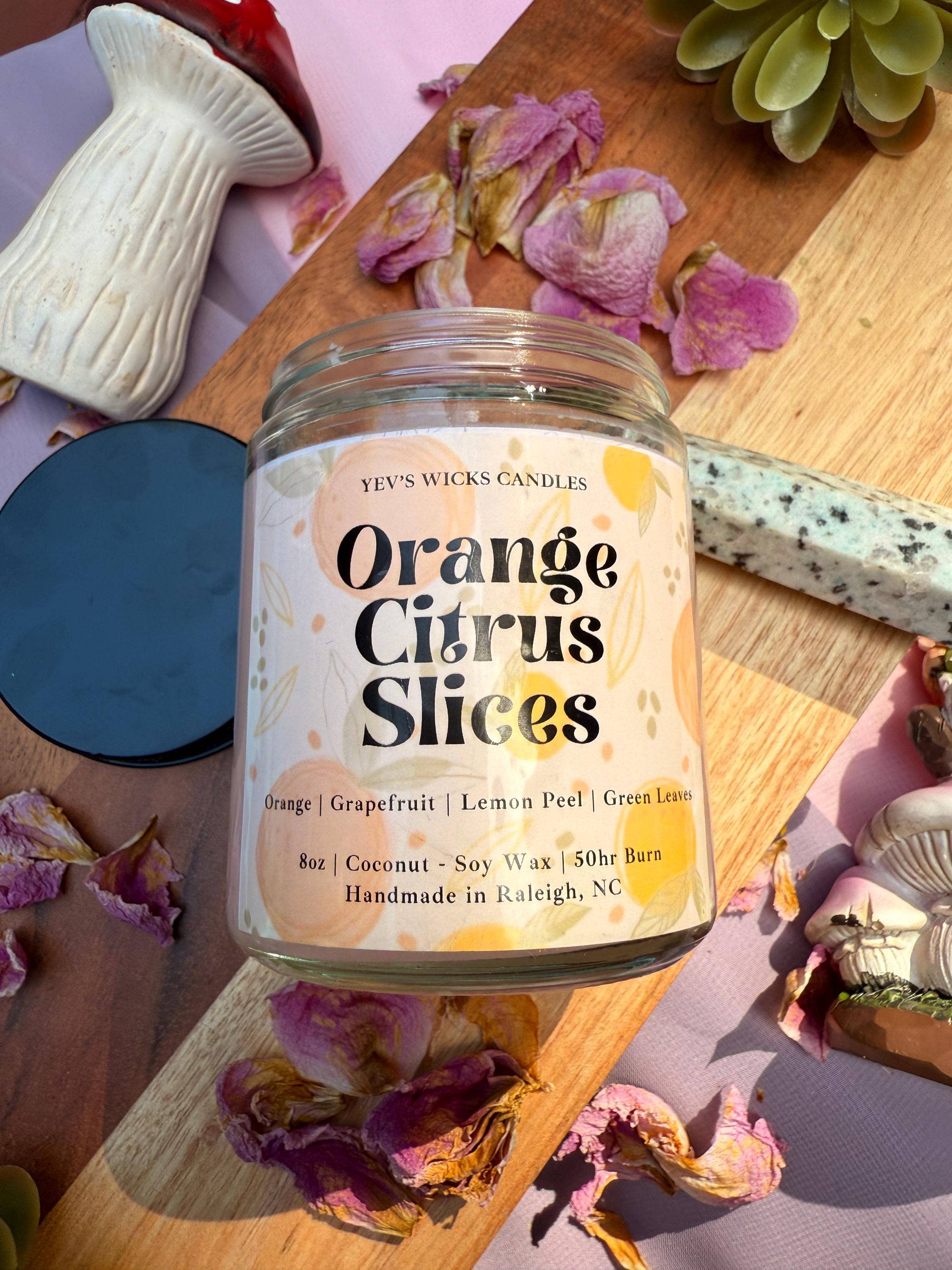 Yev's Wicks - Wholesale Jar/Filled Candle - Citrus Slices Coconut-Soy Wax Candle with Flowers & Crystals1