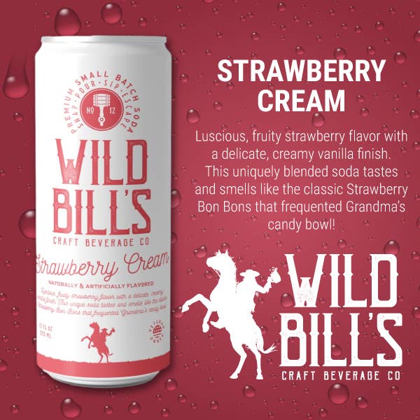 Wild Bill’s Craft Beverage Co. - Wholesale Soda/Carbonated Drink - Strawberry Cream - Premium Cane Sugar Soda, 12-Pack, Cans