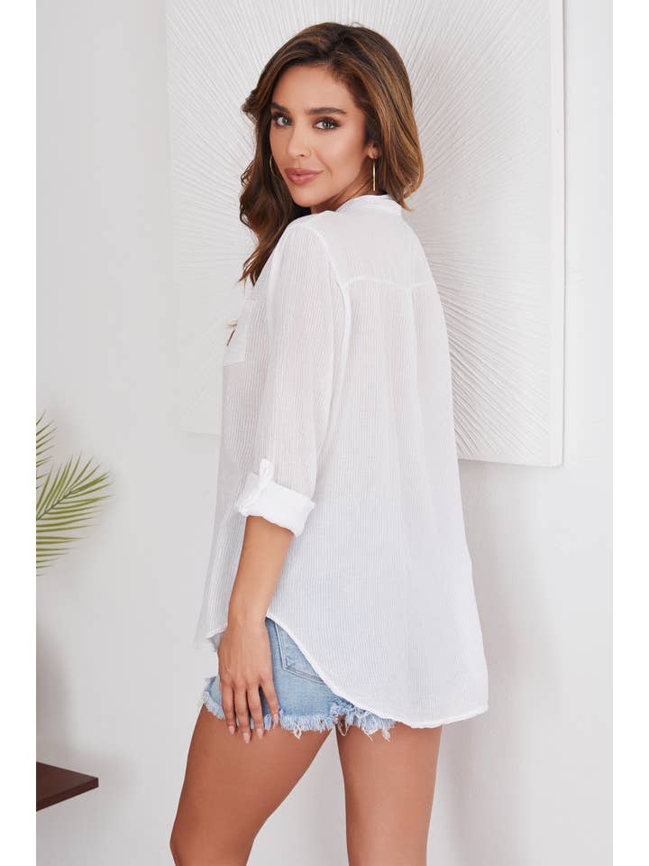 VENTI6 - Wholesale Button Down Shirt - Women's - LIGHT COTTON DOWN BUTTTON SHIRT(847110-WHITE)2