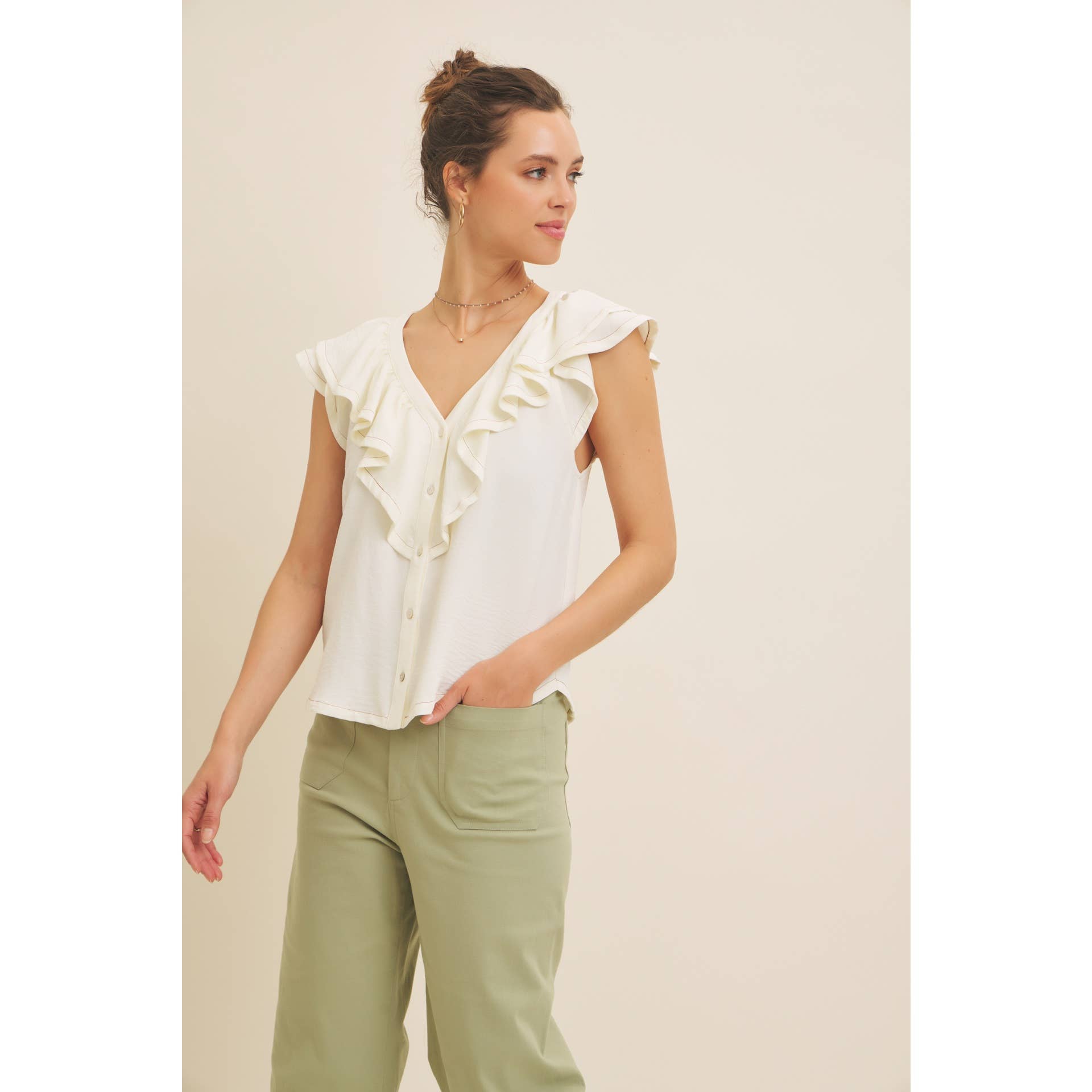 in february - Wholesale Blouse - Women's - RUFFLE BLOUSE TOP WITH BUTTON-DOWN FRONT AND CONTRAST STITCH12