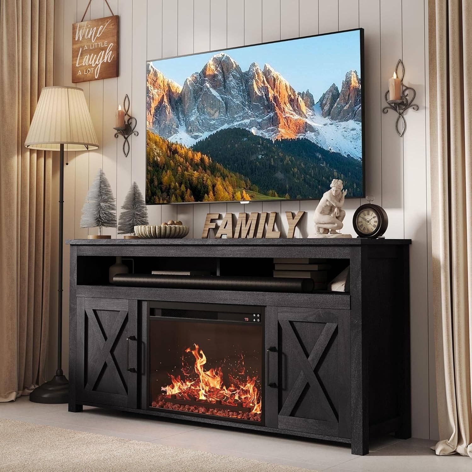 58 Inch Farmhouse TV Stand With Electric Fireplace Grey for wholesale on Faire6