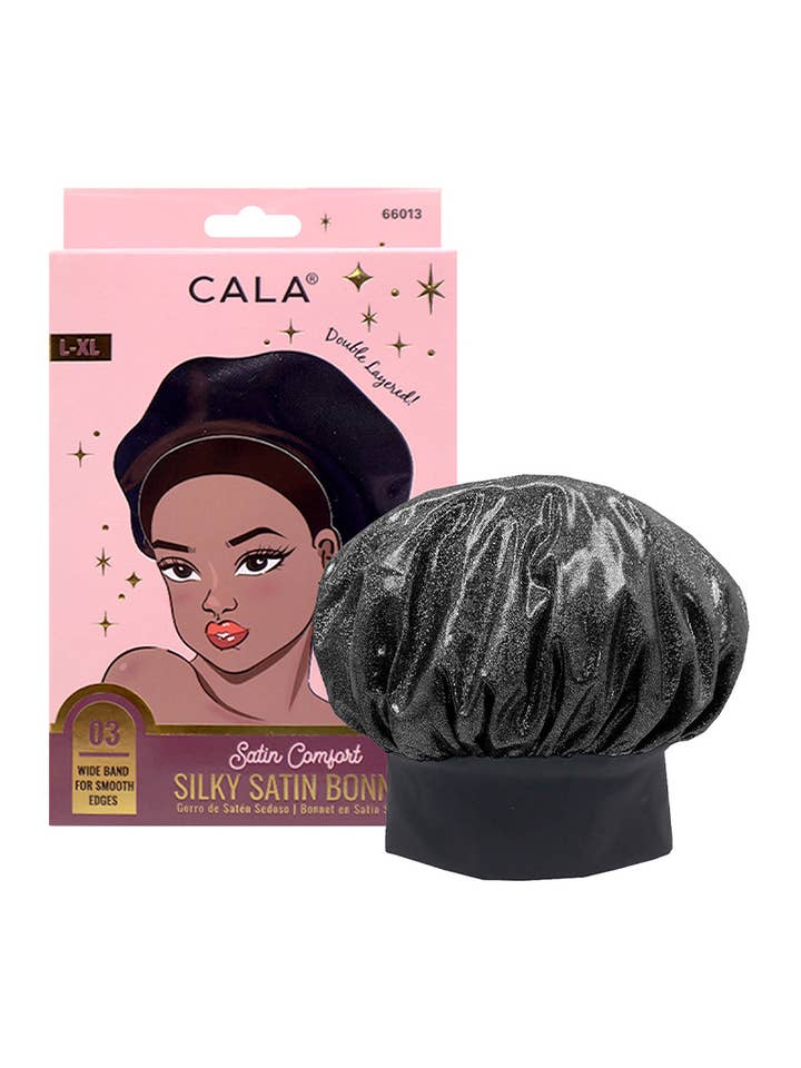CALA 66013 Shiny Black Satin Comfort Silky Satin Bonnet - 6 for wholesale by PINEAPPLE Beauty