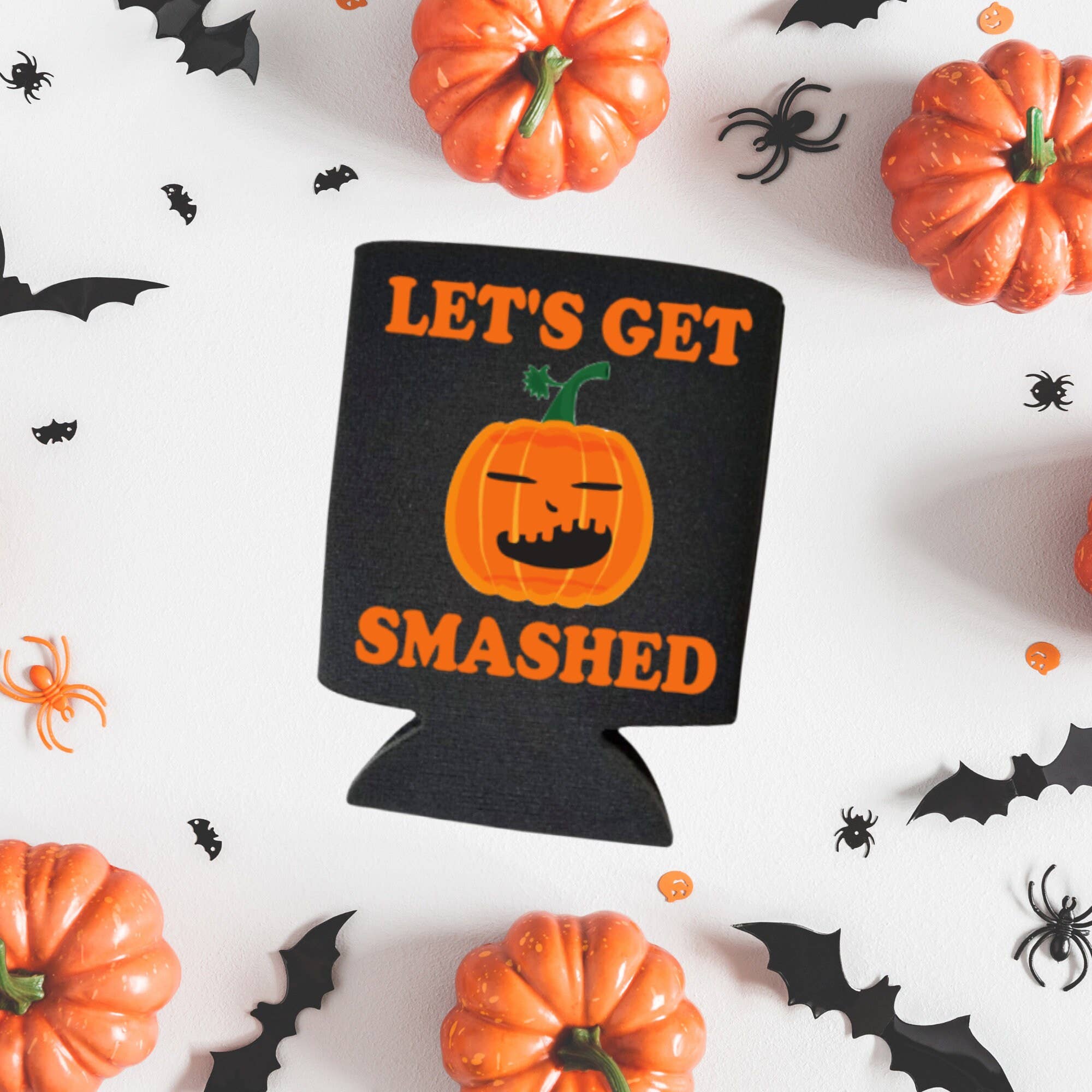 Black Let's Get Smashed Halloween Party Can Cooler Pumpkin Coolies for wholesale on Faire1