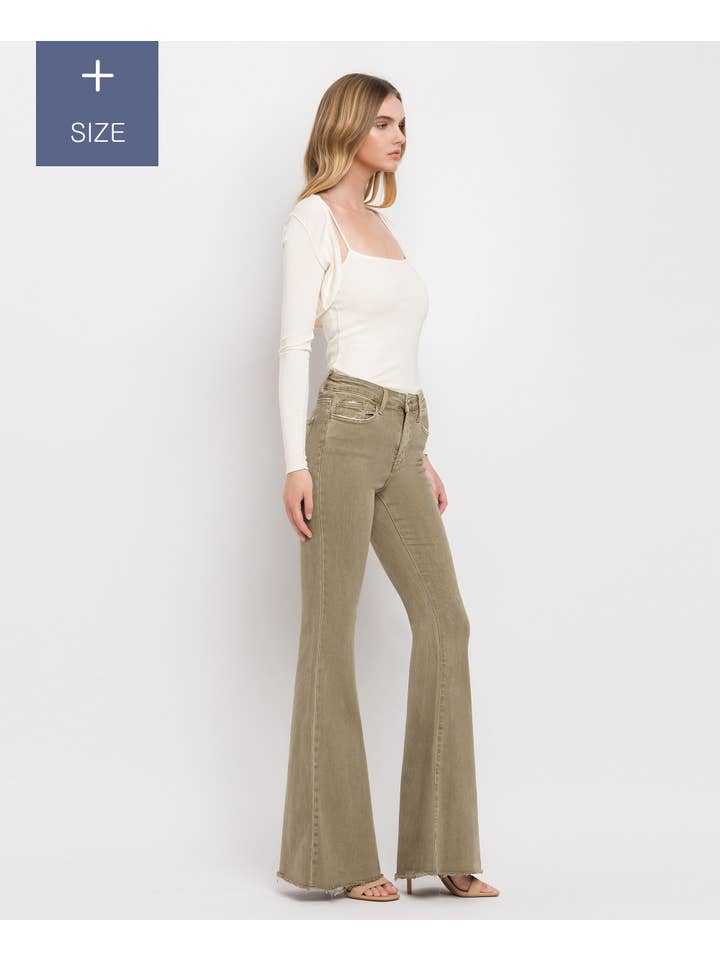 COVERT GREEN PLUS SIZE HIGH RISE SUPER FLARE JEANS V3084CG-P for wholesale on Faire
