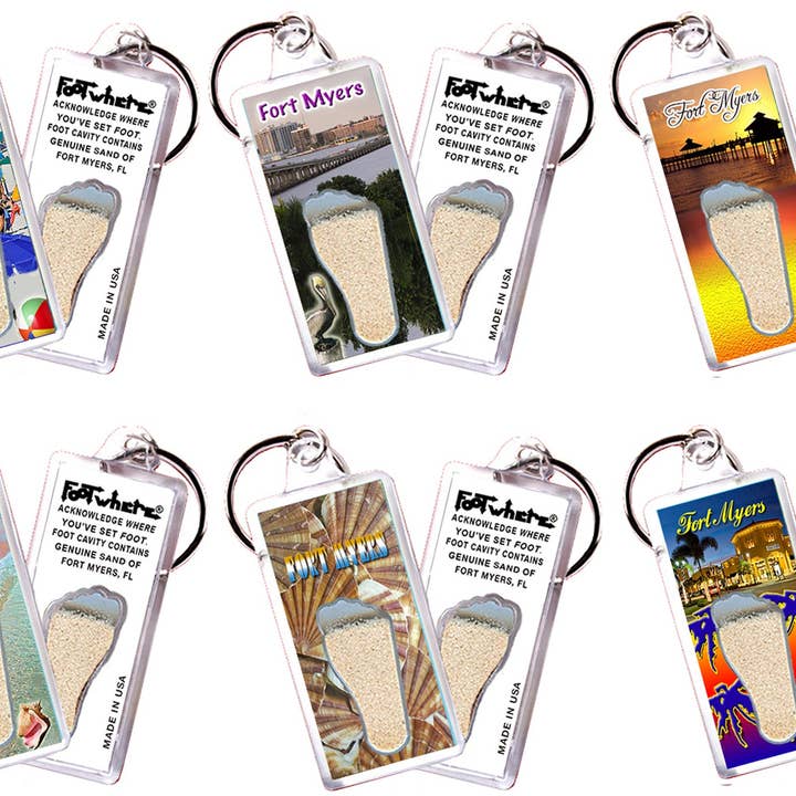 Fort Myers FootWhere® Souvenir Sleutelhangers. 72 stuks/ 6 verschillende stijlen. voor wholesale door FootWhere- USA Group, Inc.