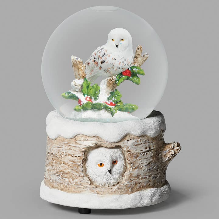 Dôme musical scintillant avec chouette blanche et chouette sur base en forme d'arbre pour la vente par Roman