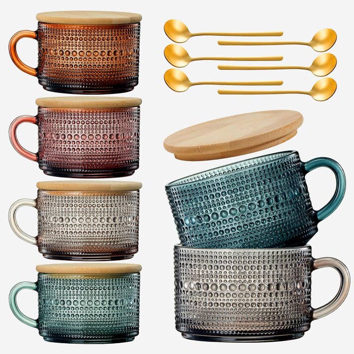 The Wine Savant / Khen Glassware – Großhandel Kaffeebecher – Kaffeetassen aus farbigem Glas im Vintage-Stil, 6-teiliges Set