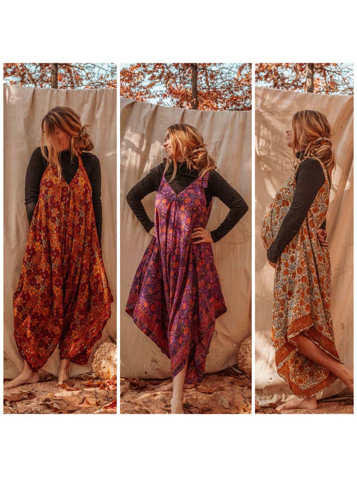 Gardenbelle Shop - Venta al por mayor Peto - Mujer - Mono hippie bohemio de seda con corbata fluida, jersey floral