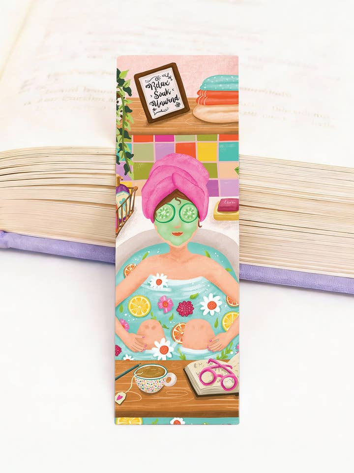 Segnalibro rilassante donna nella vasca divertente rilassarsi amanti dei libri lettura per la vendita all'ingrosso da parte di Aniet Illustration