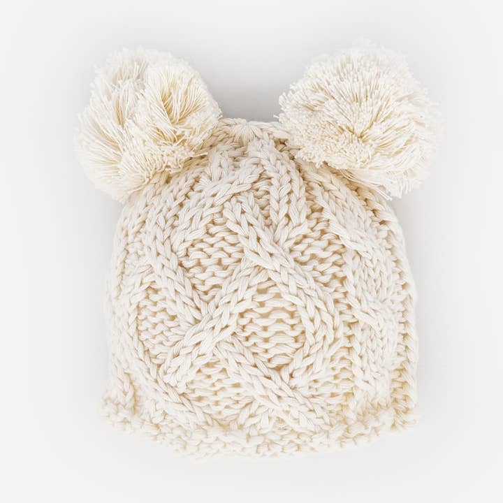 Newborn Baby Aran Natural Double Pom Pom Beanie for wholesale by Huggalugs