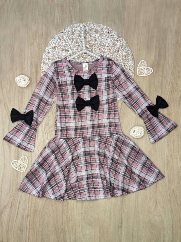 Blush Charm Bow Plaid Bell Sleeve Dress for wholesale by Mia Belle Girls • Wholesale