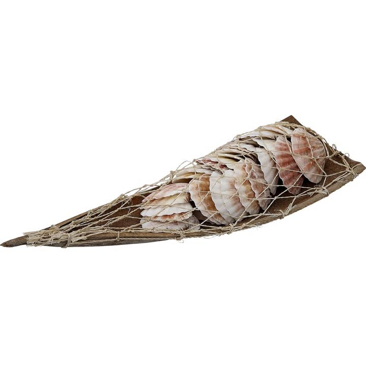 Pecten Shells in Wood Boat w/ Net for wholesale by HS Seashells