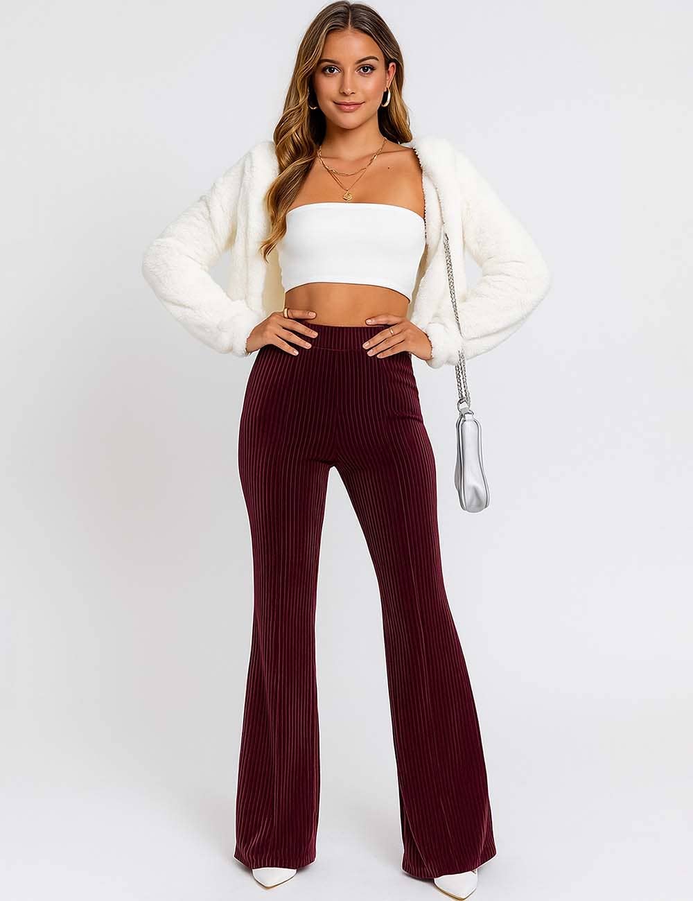 Sweetkama - Vendita all'ingrosso Pantalone - Donna - Pantaloni in Velluto a Coste da Donna a Vita Elastica a Tinta Unita Leggermente Svasati14