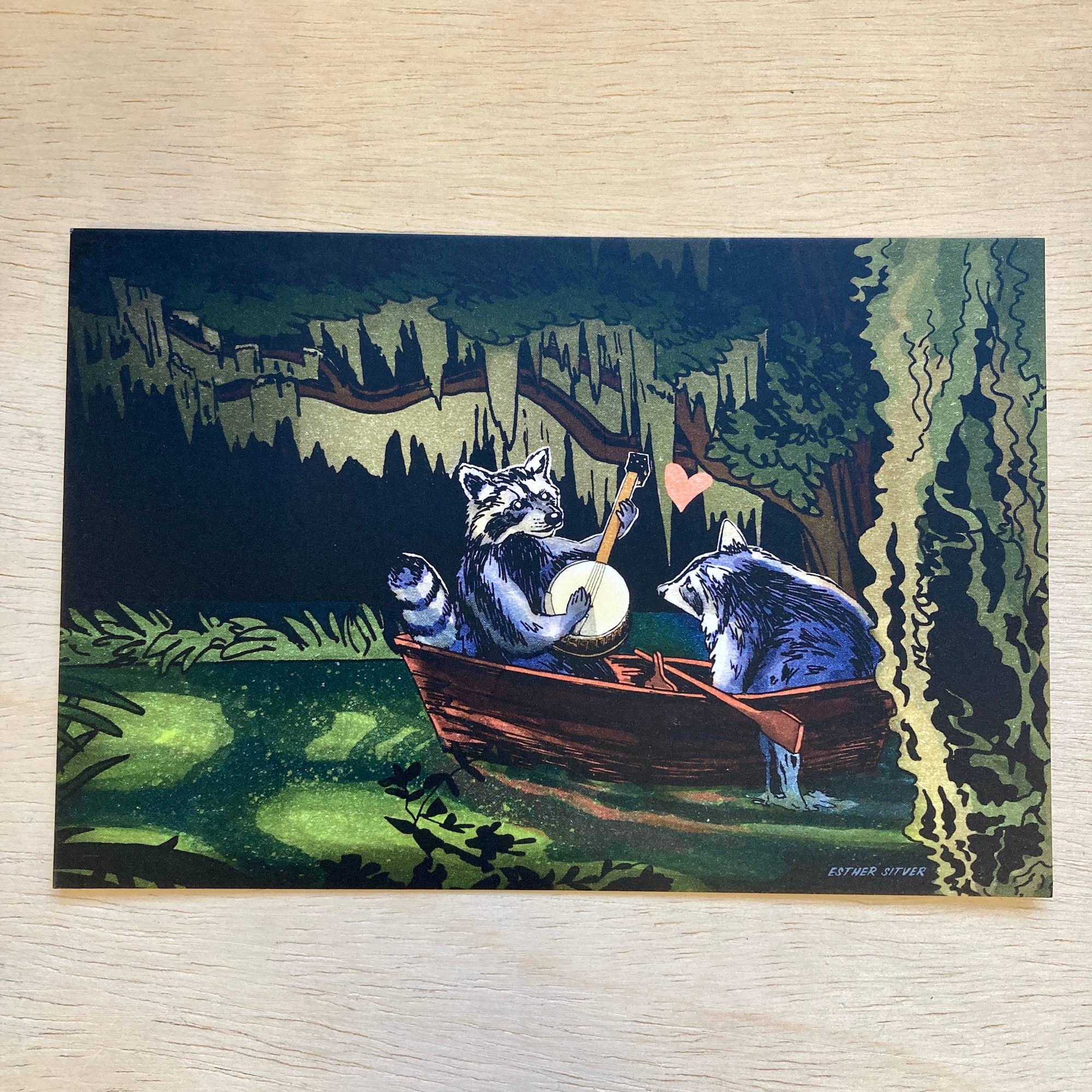 Esther Sketch - Wholesale Postcard - Raccoons On the Bayou Postcard4