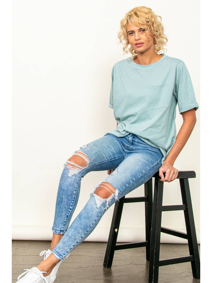 Elloh Collection – wholesale T-shirt – women's – Round Neck Boyfriend Fit Cotton T-Shirt with Front Pocket23