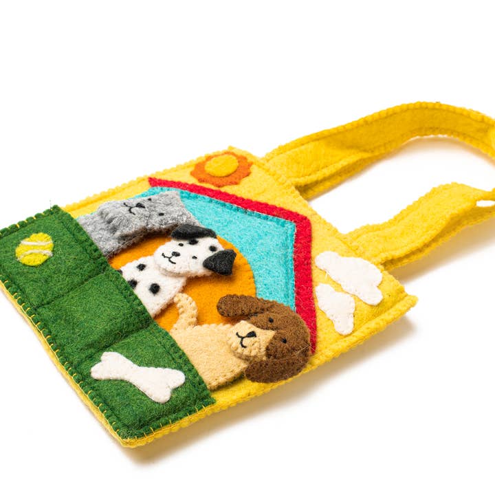 Global Goods Partners - Vente Marionnette à doigt – enfant et bébé - Sac marionnette en feutre avec chiots amovibles4