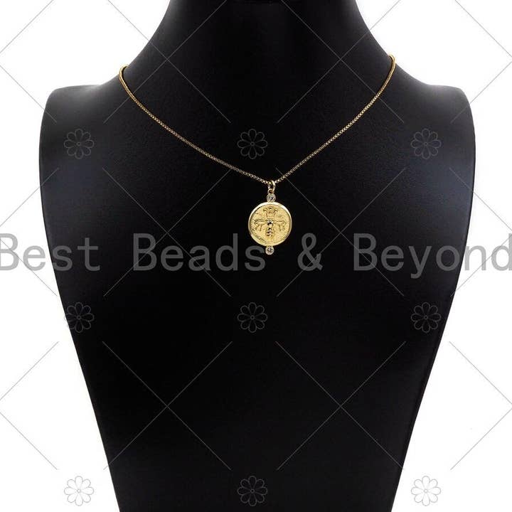 BestBeads&Beyond - Wholesale Individual Charm/Pendant - CZ Micro Pave Bee Crown On Round Coin Pendant/Charm, Bracelet Necklace CZ  Round Pendant Charm, Silver/Gold Tone,18x26mm,Sku#L4603